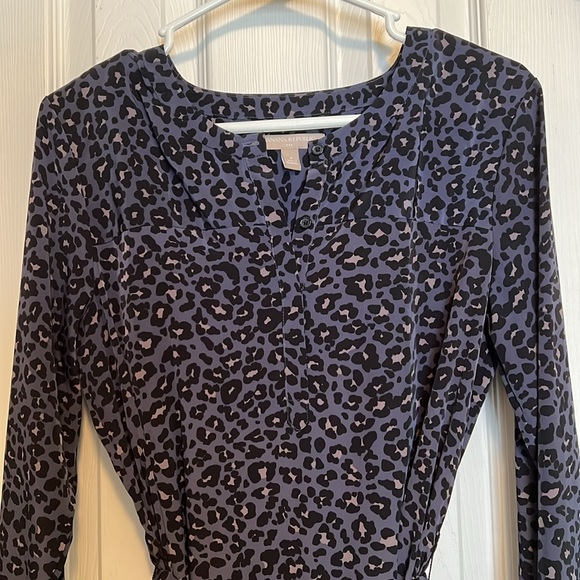 Banana Republic Factory Blue, Black, and Taupe Leopard Shirt Dress - Picture 1 of 8